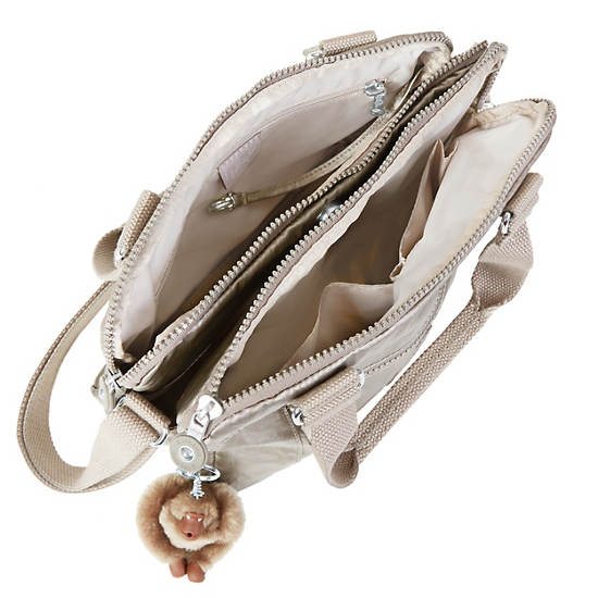 Brent Metallic Double Compartment Handbag,Metallic Pewter,large