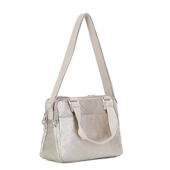 Brent Metallic Double Compartment Handbag,Metallic Pewter,large