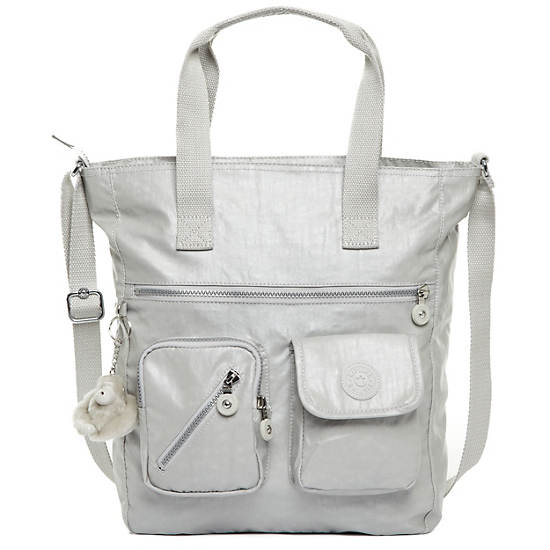 Johanna Coated Tote Bag,Pearlized Ash Grey,large