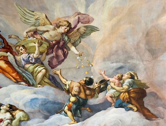 Classical painting of angel and people in heaven.