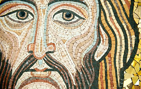 A mosaic of Jesus' face.