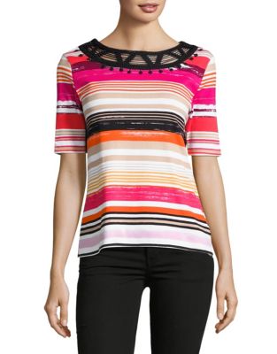 Petite Contrast-Neck Striped Top