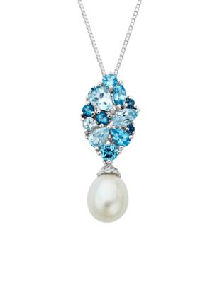 Sterling Silver Freshwater Pearl and Blue Topaz Drop Pendant Necklace