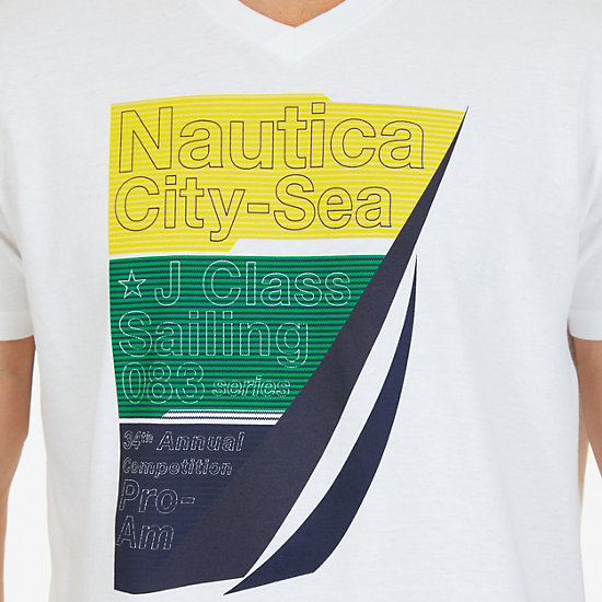 City-Sea Graphic V-Neck T-Shirt,Bright White,large