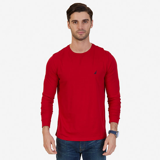 Solid Crew-Neck Long Sleeve T-Shirt,Nautica Red,large