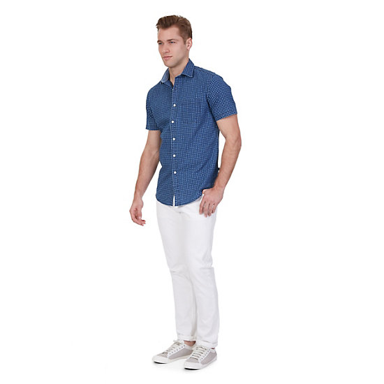 Printed Chambray Short Sleeve Shirt,Blue Moon,large