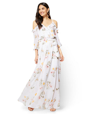 maxi dress shoulder cold floral ruffled