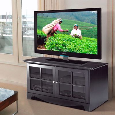 Pinnacle Black Finish Glass Doored TV Stand, MEG-100406