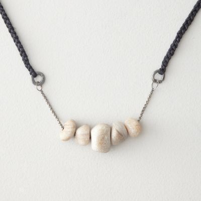 WHITE ONYX ON OXIDIZED SILVER AND BLACK SILK CHAIN