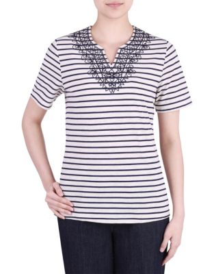 Allison Daley Petite V-Notch T-Shirt-BLACK & WHITE-Petite 