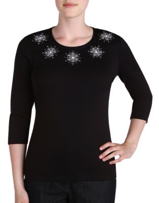 Allison Daley Petite Embellished Crew Neck Top-BLACK-Petite 