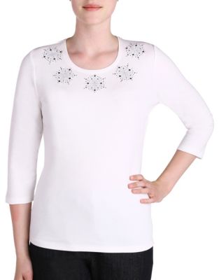 Allison Daley Petite Embellished Crew Neck Top-NATURAL-