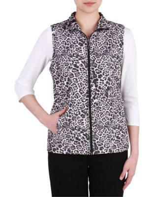 Allison Daley Petite Leopard Print Quilted Vest-GREY-Petite 