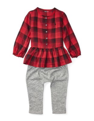 UPC 190618000049 product image for Ralph Lauren Childrenswear Peplum Plaid Top and Sweatpant Set-RED-6 Months | upcitemdb.com