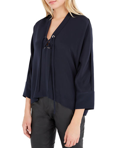 EAN 3662091369670 product image for Iro Lace-Up V-Neck Crepe Blouse-NAVY-42 | upcitemdb.com
