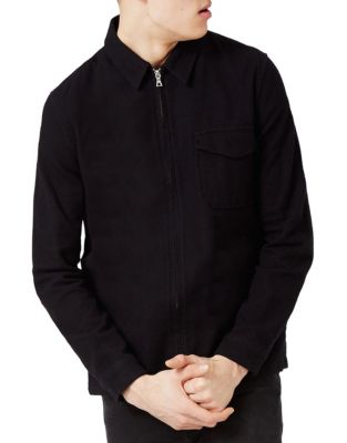 Topman Crepe Textured Zip-Through Overshirt-BLACK-Medium