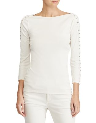 UPC 789022539056 product image for Lauren Ralph Lauren Lace-Up Boat Neck Top-NATURAL-Large | upcitemdb.com