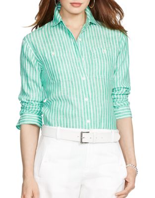Lauren Ralph Lauren Linen Striped Shirt-GREEN-Medium