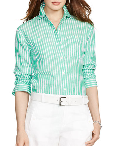 Lauren Ralph Lauren Linen Striped Shirt-GREEN-Medium