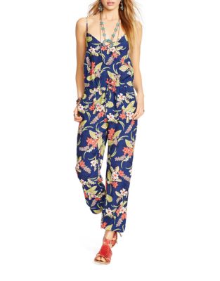 Polo Ralph Lauren Floral Print V Neck Jumpsuit-BLUE-Medium