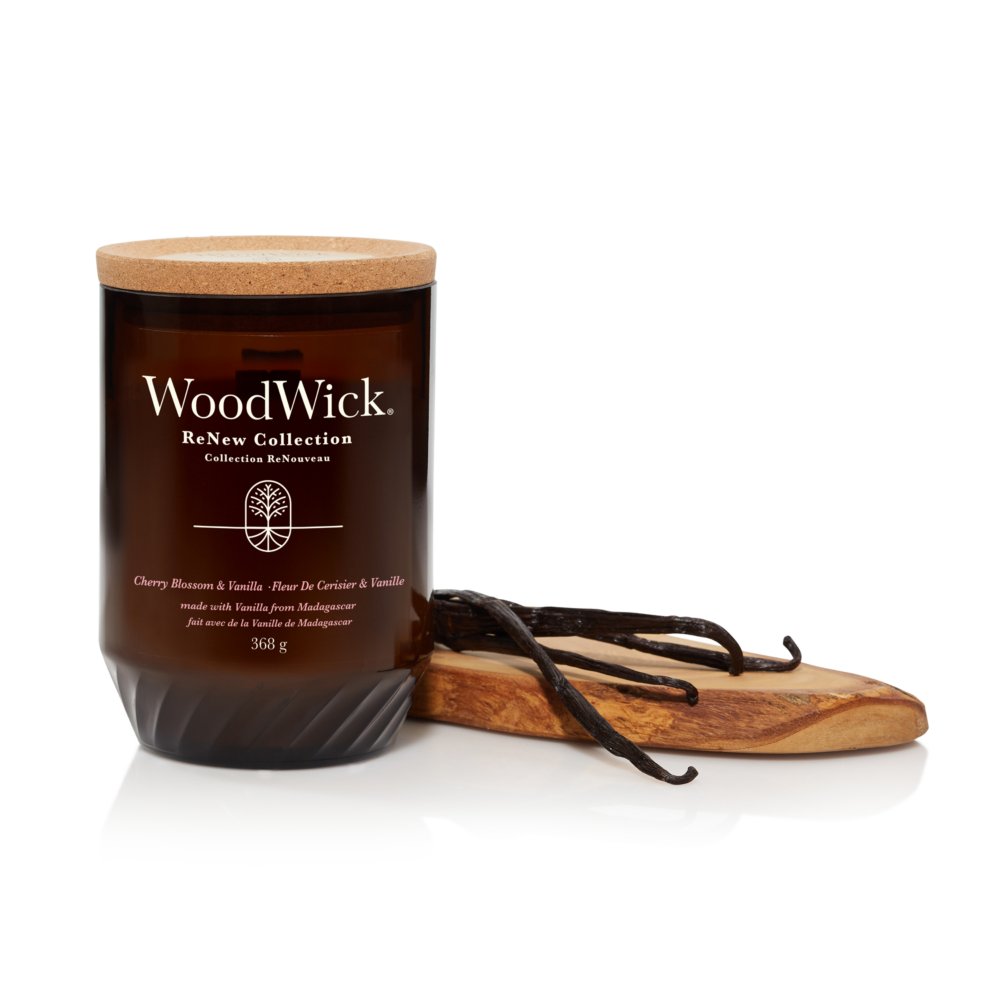 Cherry Blossom & Vanilla Renew Medium Candle With Pluswick® WoodWick, Natural, 8cm X 8cm X 9.6cm , Gourmand