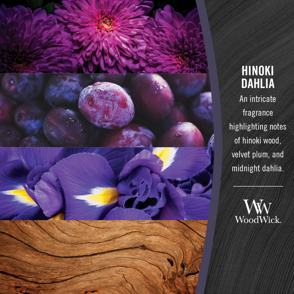 Hinoki Dahlia WoodWick, Dark Purple, 9.2cm X 19.1cm X 12.1cm , Ambery