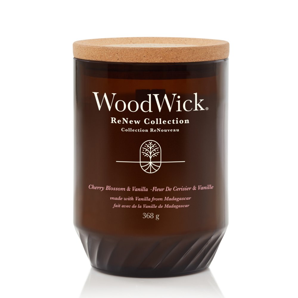 Cherry Blossom & Vanilla Renew Large Candle With Pluswick® WoodWick, Natural, 8.8cm X 8.8cm X 12.9cm , Gourmand