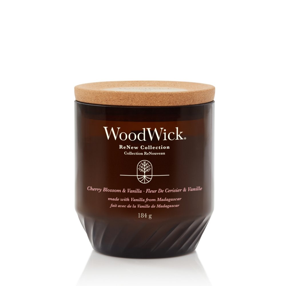Cherry Blossom & Vanilla Renew Medium Candle With Pluswick® WoodWick, Natural, 8cm X 8cm X 9.6cm , Gourmand