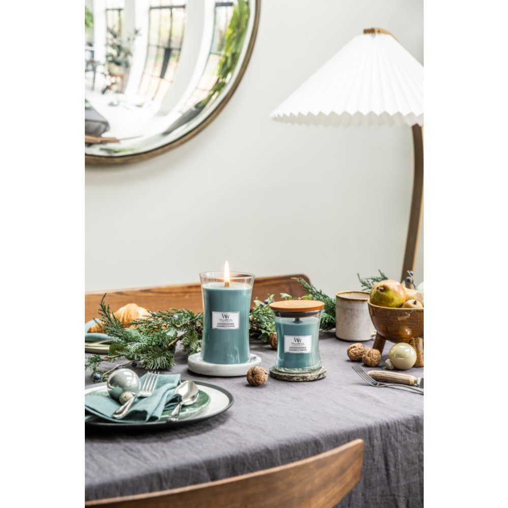 Evergreen Cashmere Medium Hourglass Candle WoodWick, Light Green, 9.9cm X 9.9cm X 11.4cm , Fresh & Clean