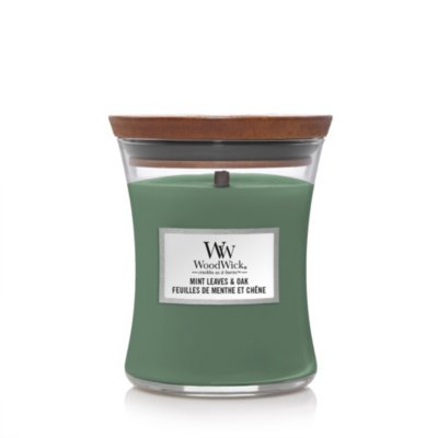 Mint Leaves & Oak Medium Hourglass Candle WoodWick, Green, 9.9cm X 9.9cm X 11.4cm , Woody