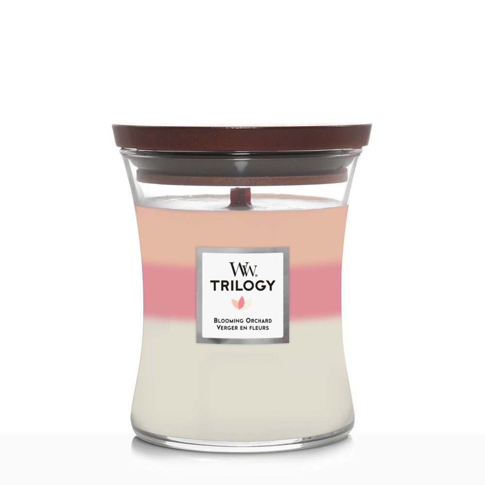 Blooming Orchard Medium Hourglass Trilogy Candle WoodWick, White;pink, 9.9cm X 9.9cm X 11.4cm , Fruity & Citrus