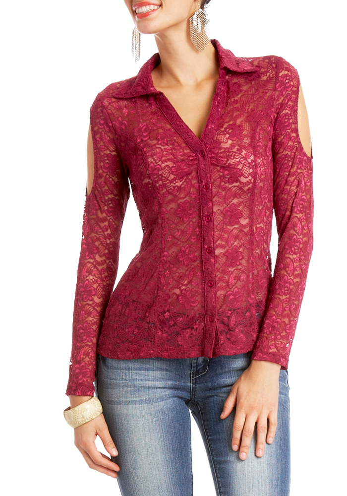 2b Lace Button Front Cold Shoulder Top