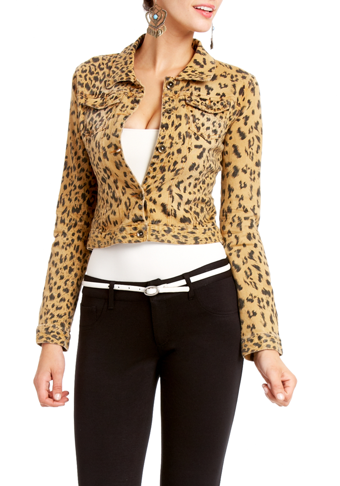 2b Leopard Denim Cropped Jacket