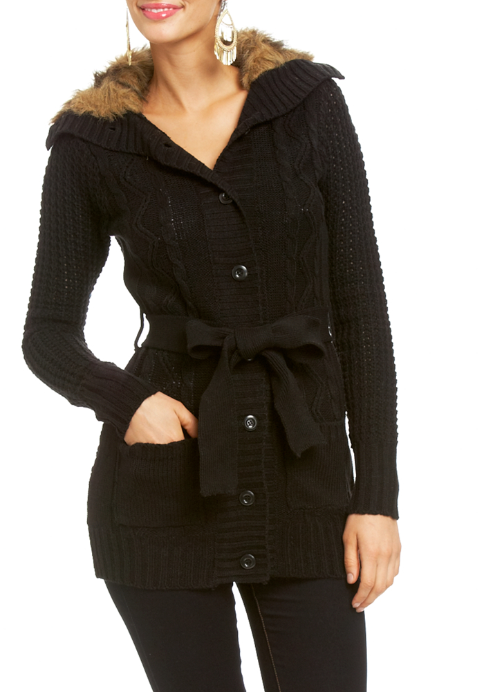 Button Front Faux Fur Trim Sweater at 2b