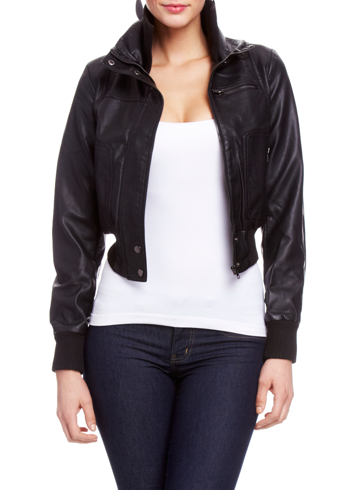 2b Stacey Knit Collar Leatherette Bomber Jacket