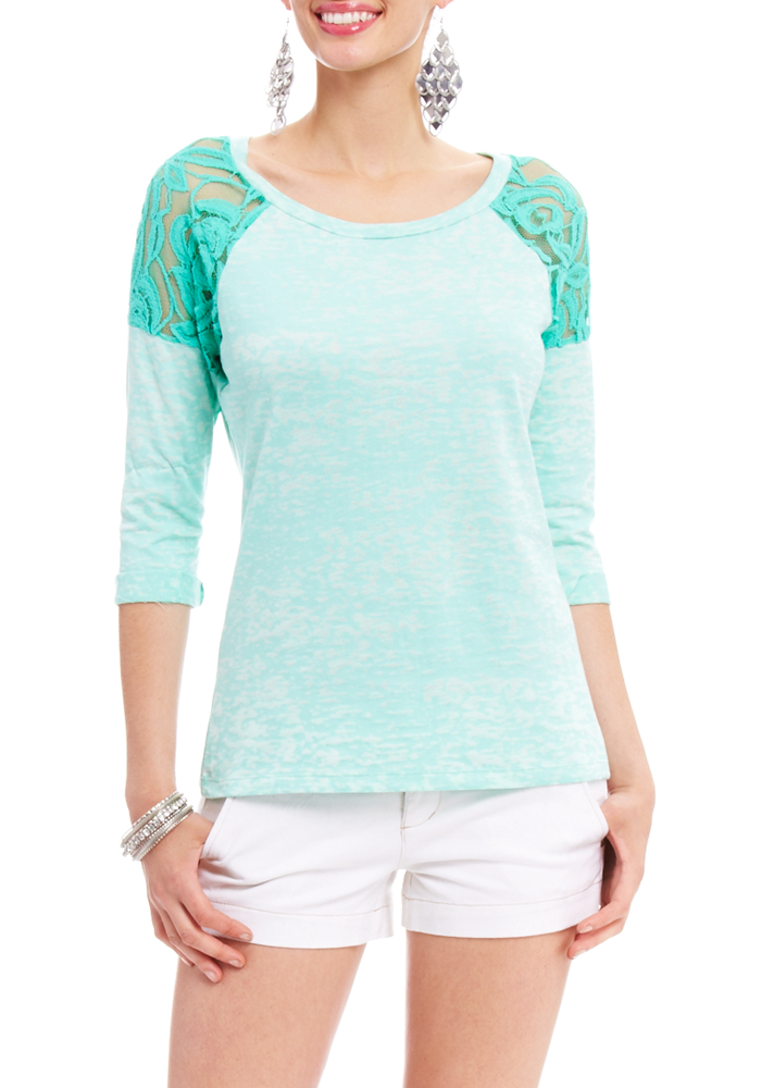 2b 3/4 Lace Shoulder Burnout Top