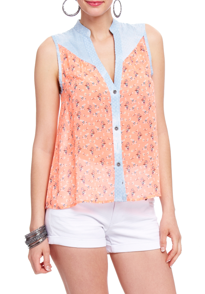 2b Denim Yoke Ditsy Print Button Down Top