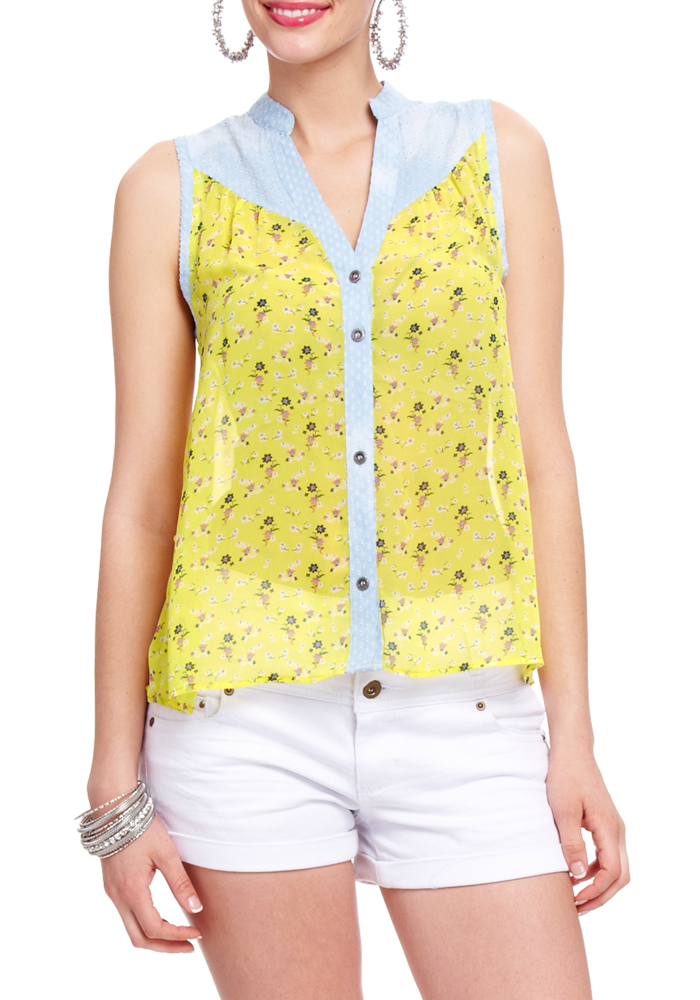 2b Denim Yoke Ditsy Print Button Down Top