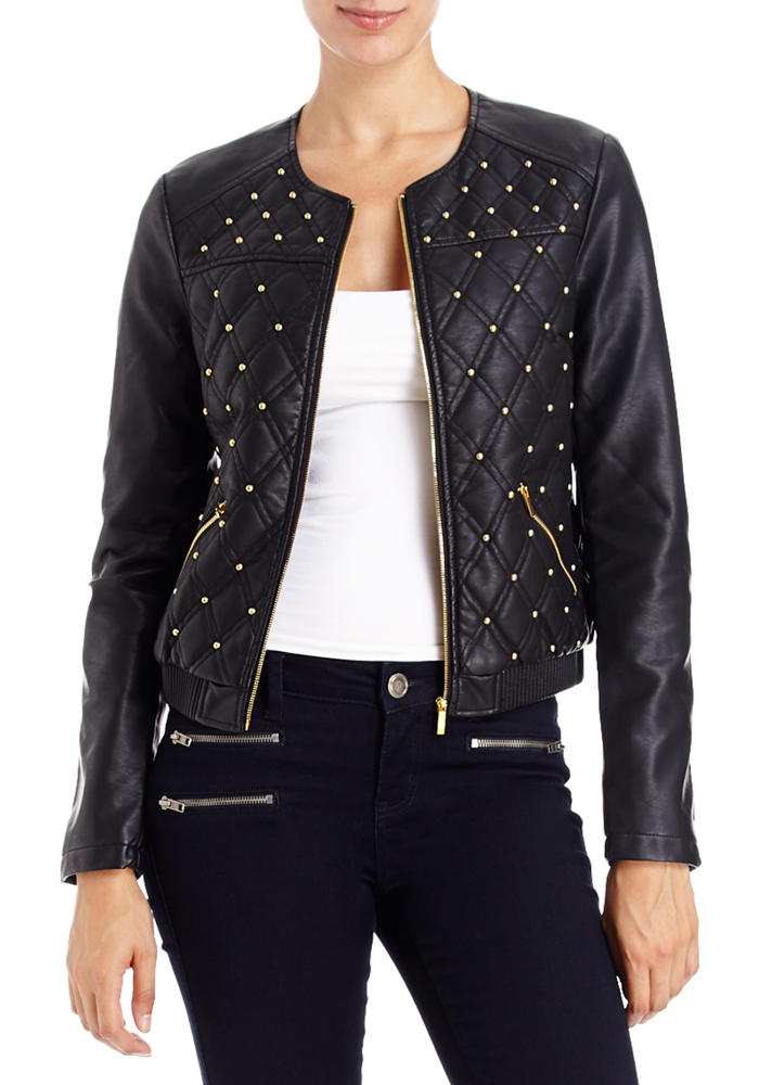 Studded Leatherette Bomber Jacket