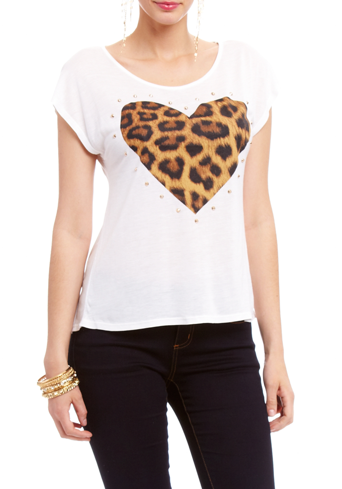 2b Leopard Heart Studded Tee