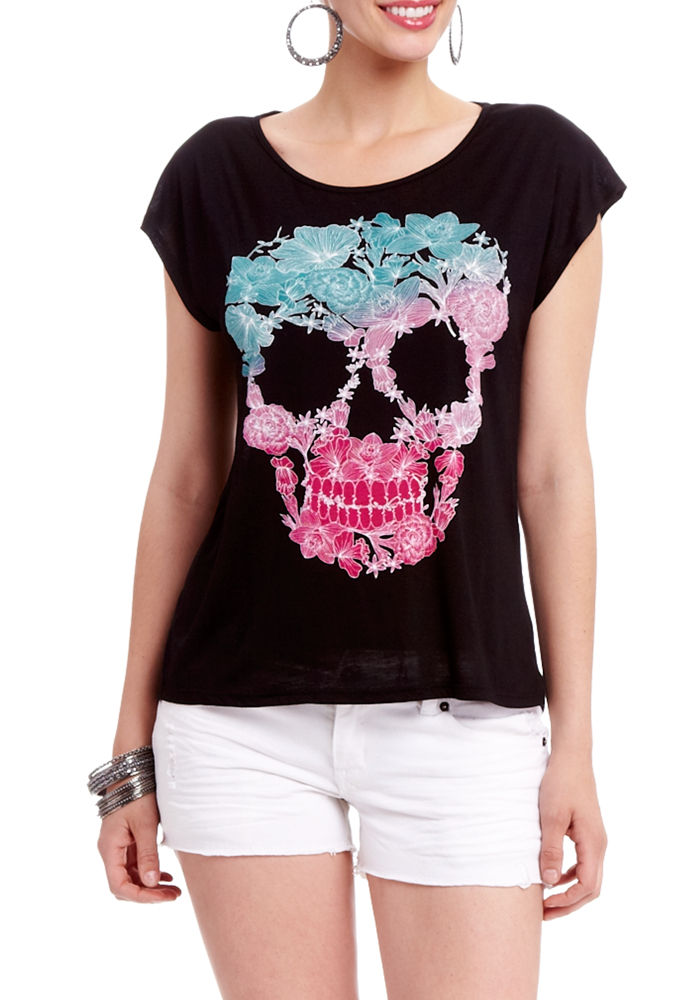 2b Floral Skull Drop Shoulder Graphic Top