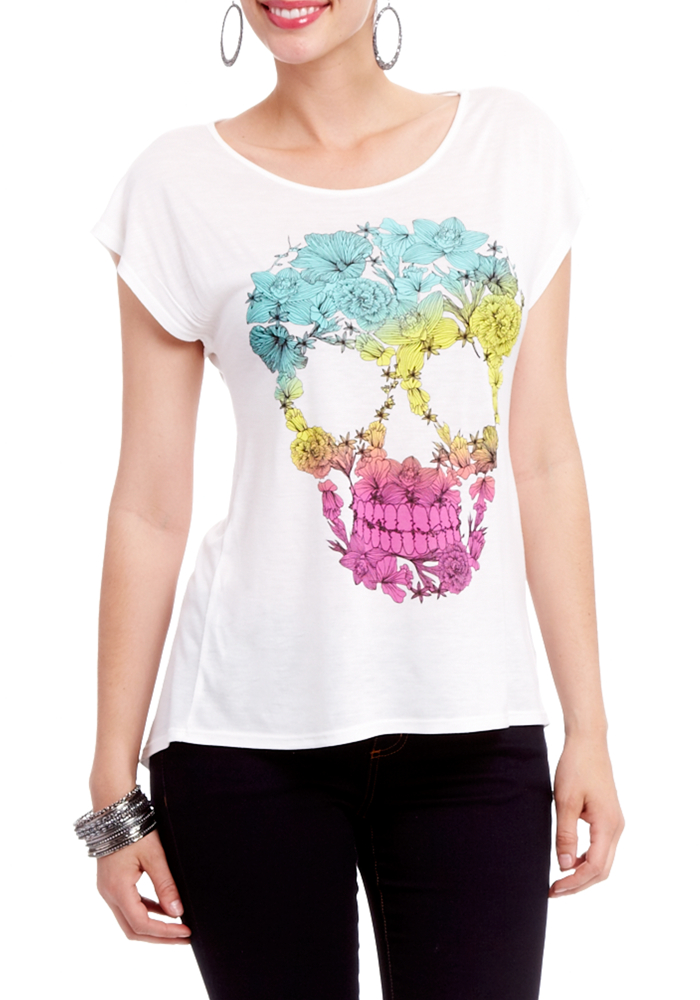 2b Floral Skull Drop Shoulder Graphic Top