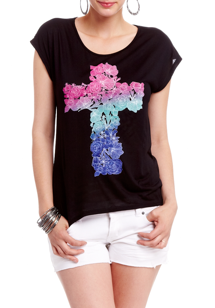 2b Floral Cross Drop Shoulder Graphic Top