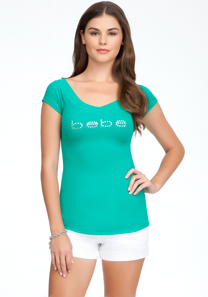 Logo Double V-Neck Tee at bebe
