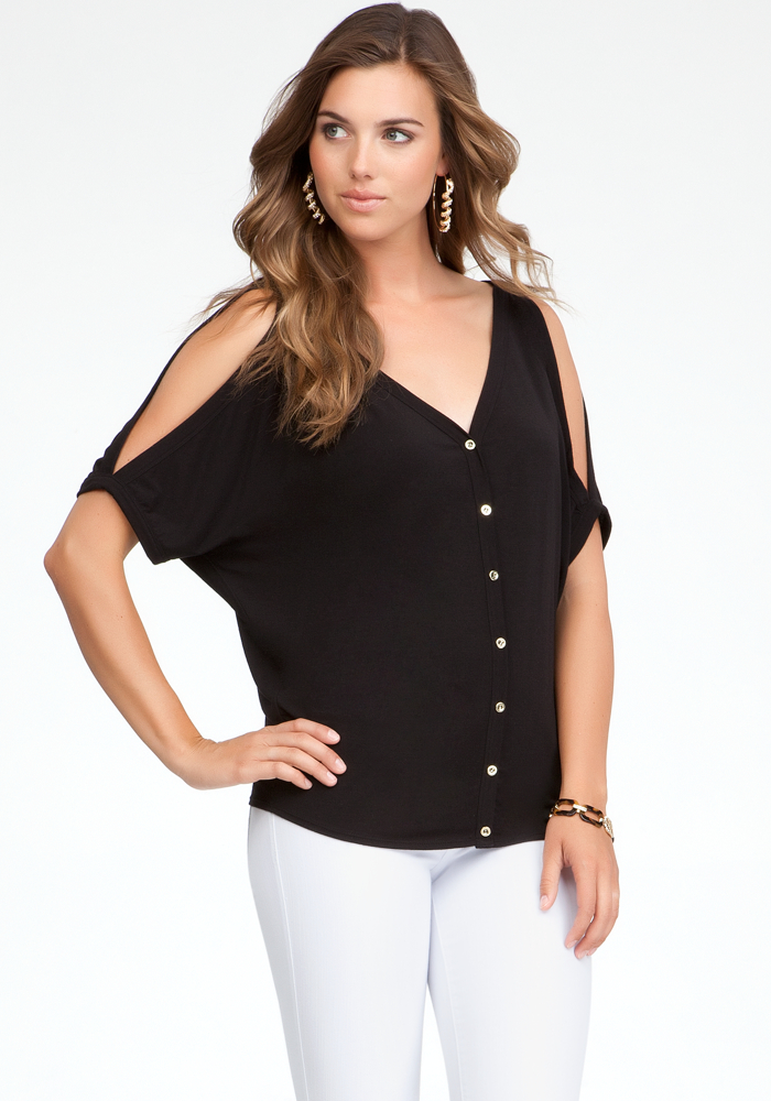 bebe Cold Shoulder Button Front Top