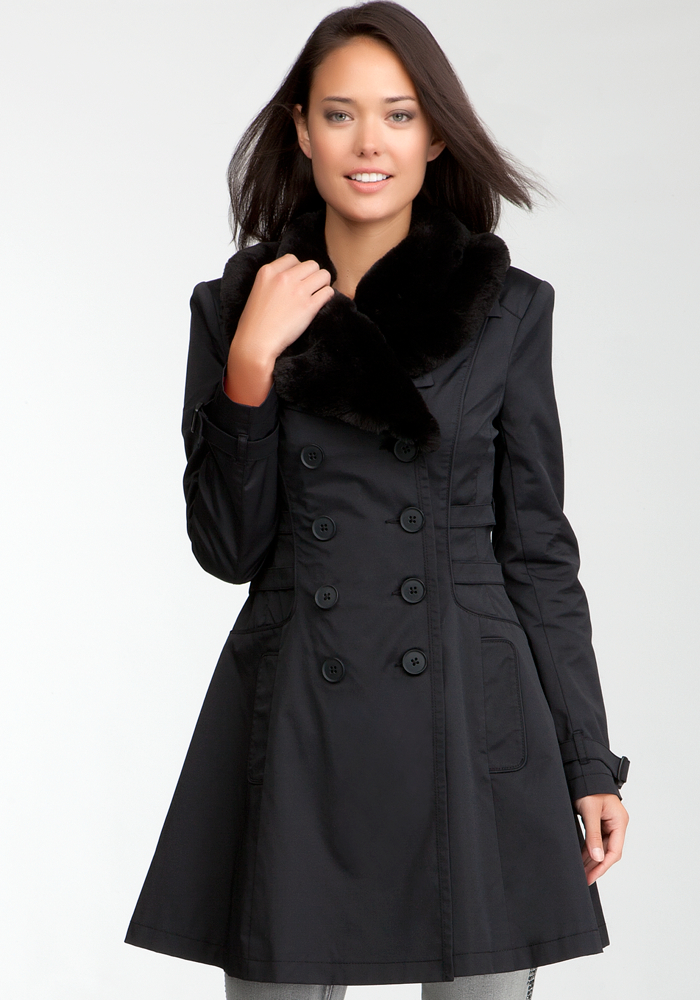 Bebe Faux  Fur Collar Corset Trench Coat