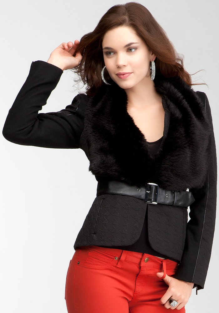 Bebe Houndstooth Faux Fur Jacket