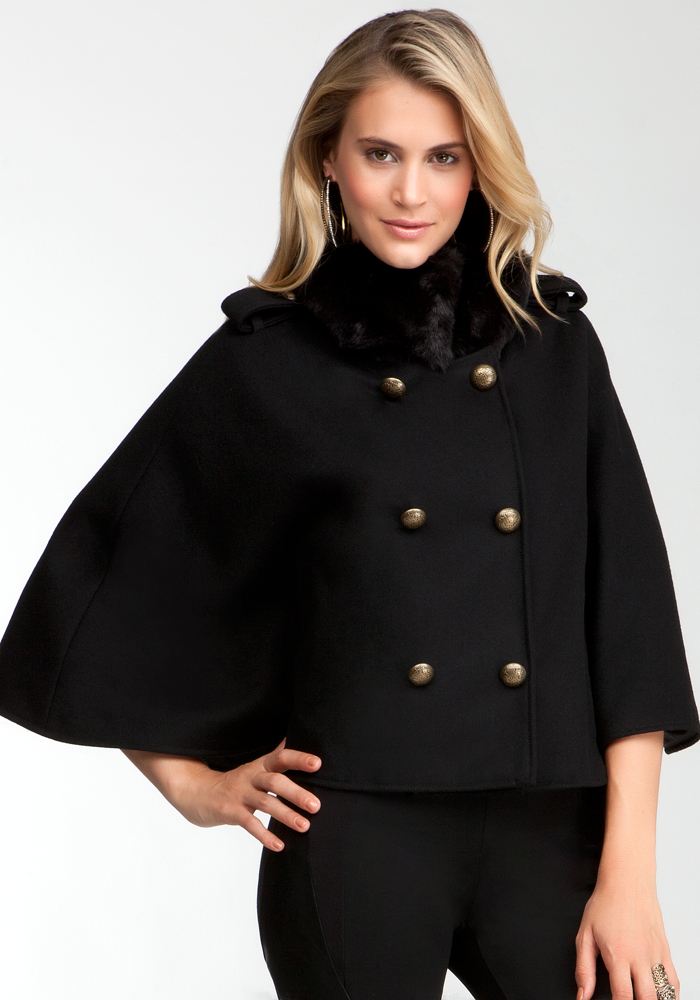 Bebe Faux Fur Collar Wool Military style Cape