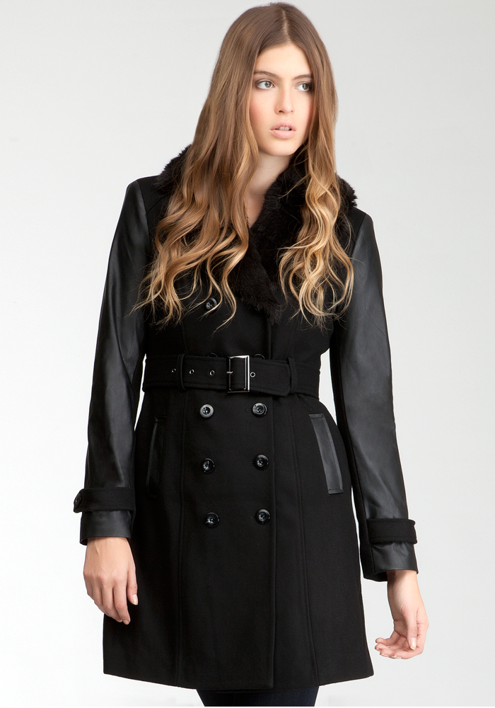 Leatherette Sleeve Faux Fur Collar Wool Coat - Blk - L