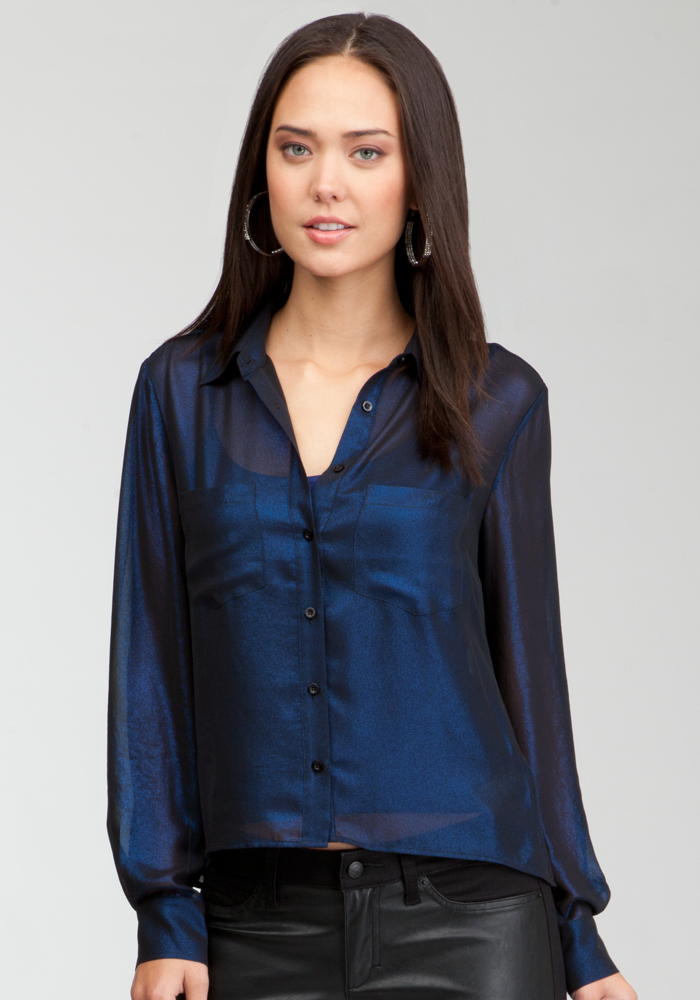 bebe Shimmer Hi-Lo Button Up Blouse